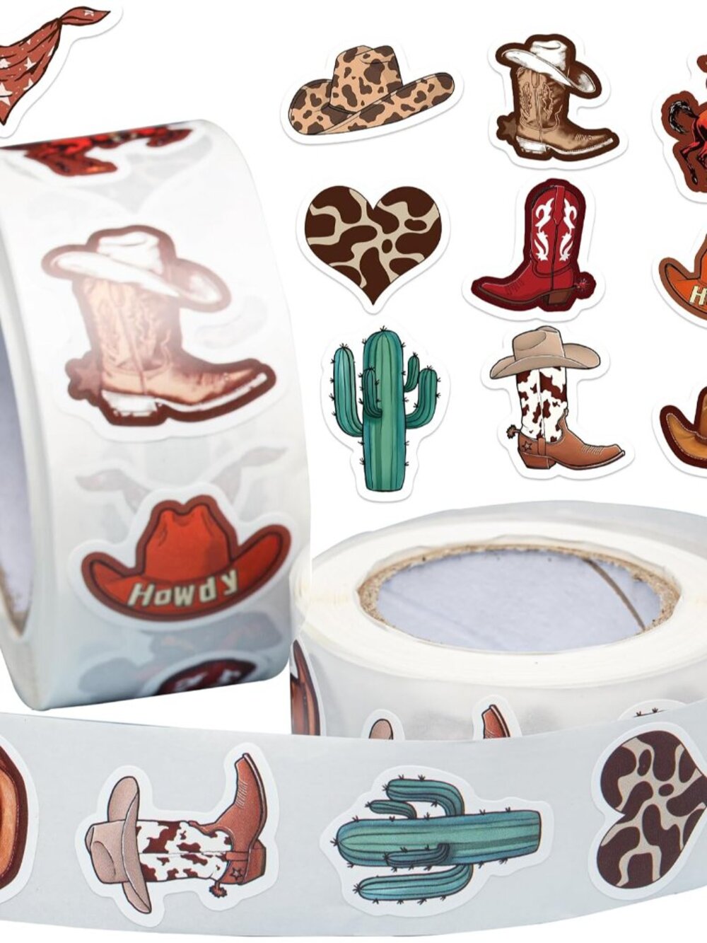 1000PCS Western Cowboy Stickers Roll, 2 Rolls 10 Designs Self-Adhesive